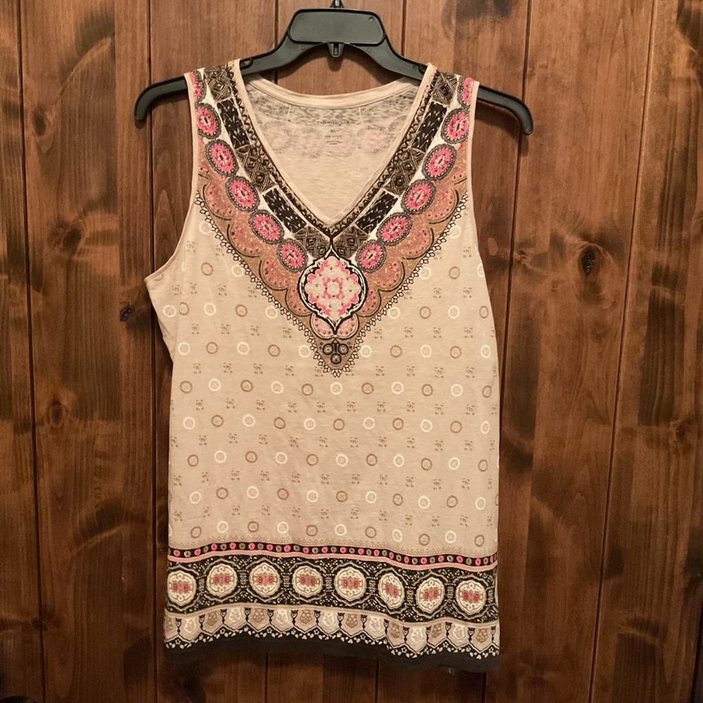 Charter Club Beige Tank with Pink & Brown Embroidered V-Neck